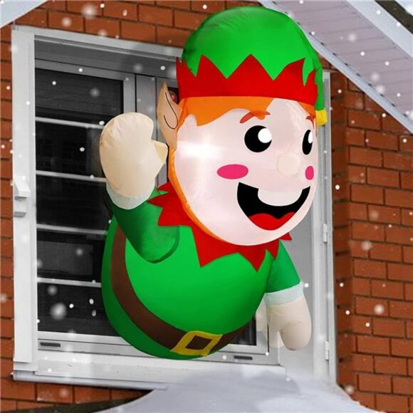 3.5 Ft Christmas Inflatable Santa Elf Lean Out from Window, with LED Lights - Picture 2 of 6